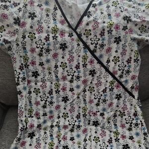 Floral Print Scrub Top in White with Pink, Lime & Black Flowers